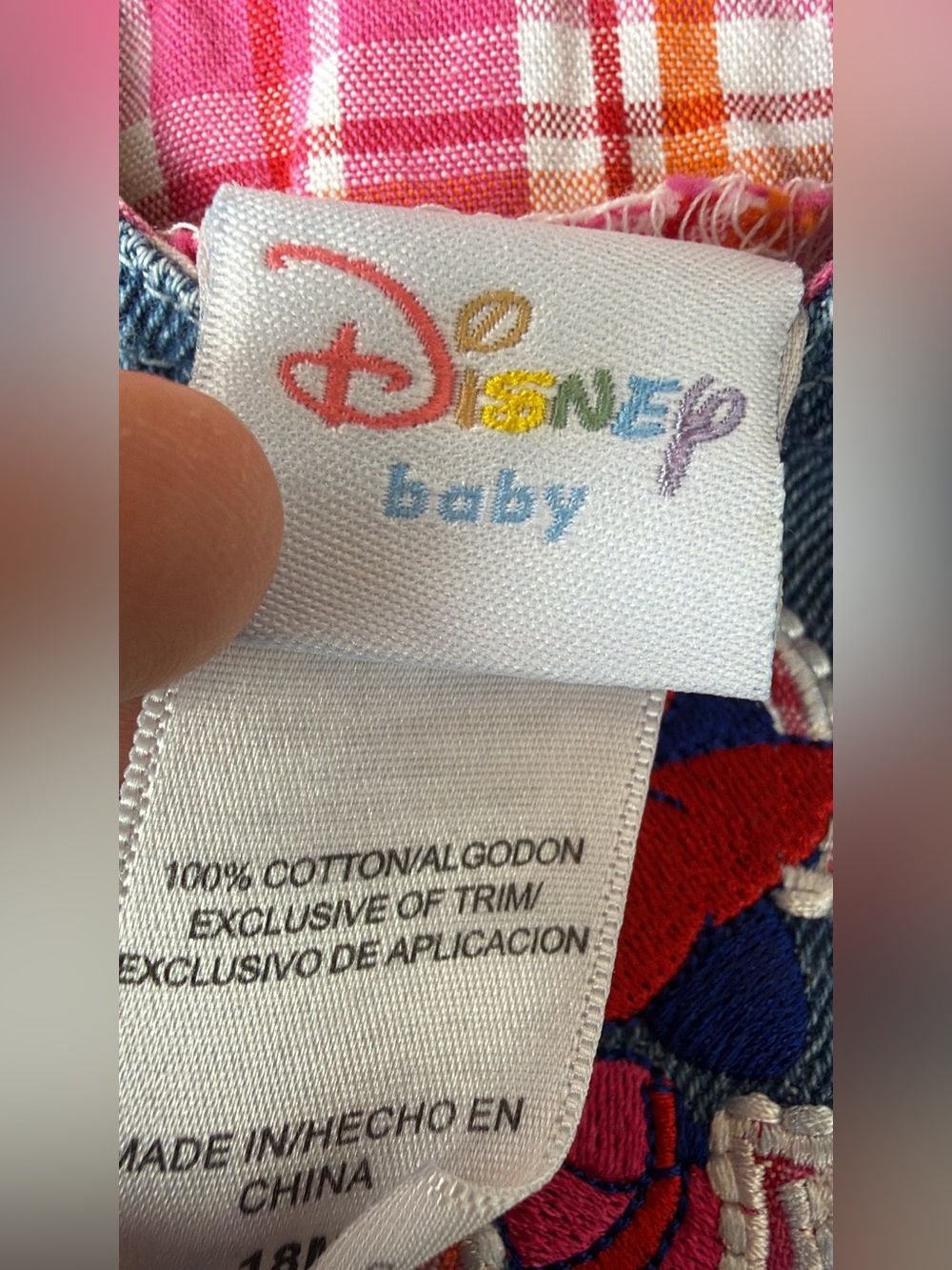 Vintage Disney Denim Overall Dress with Minnie & Pink Plaid Lining - Picture 3 of 4